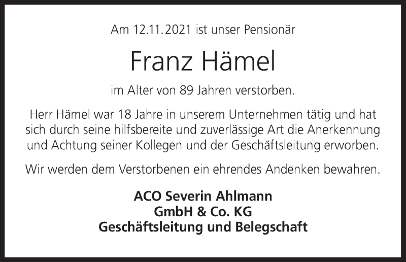  Traueranzeige für Franz Hämel vom 19.11.2021 aus MGO