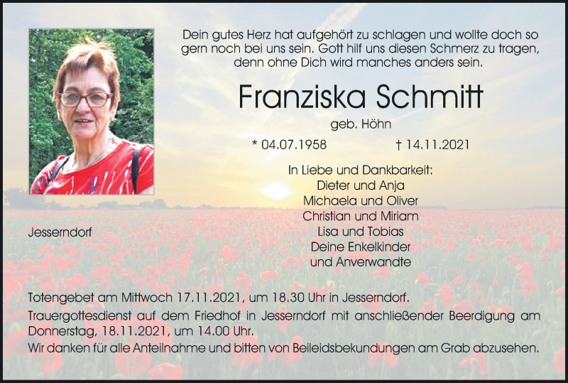  Traueranzeige für Franziska Schmitt vom 17.11.2021 aus MGO