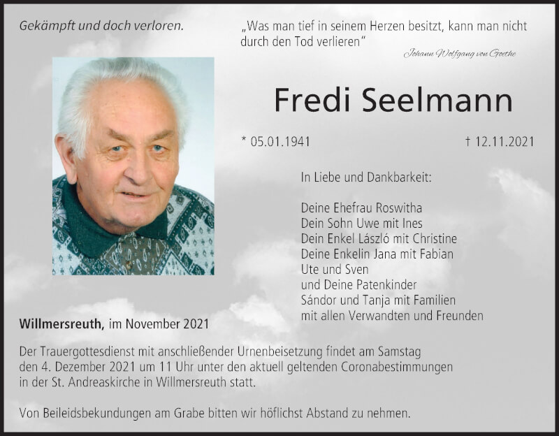  Traueranzeige für Fredi Seelmann vom 27.11.2021 aus MGO