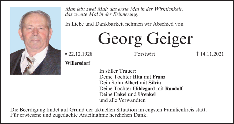  Traueranzeige für Georg Geiger vom 20.11.2021 aus MGO