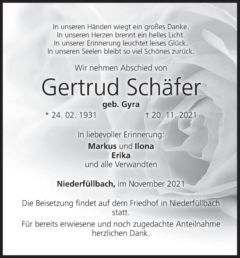  Traueranzeige für Gertrud Schäfer vom 26.11.2021 aus MGO