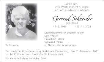 Anzeige von Gertrud Schneider von MGO