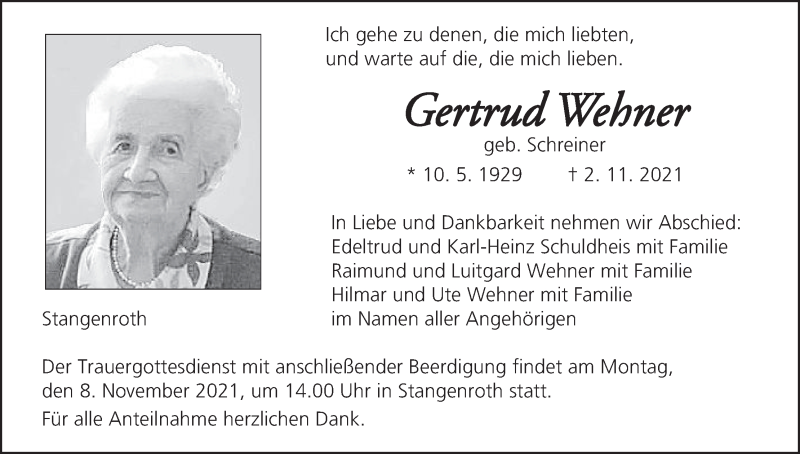  Traueranzeige für Gertrud Wehner vom 06.11.2021 aus MGO