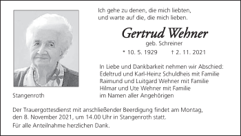 Anzeige von Gertrud Wehner von MGO