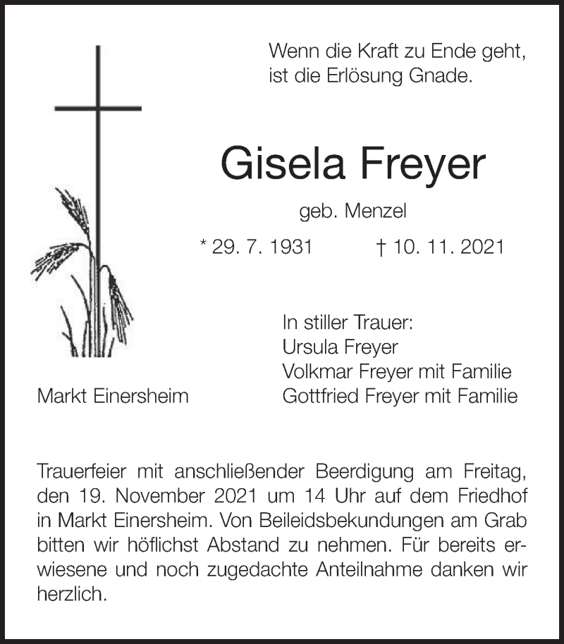  Traueranzeige für Gisela Freyer vom 17.11.2021 aus MGO