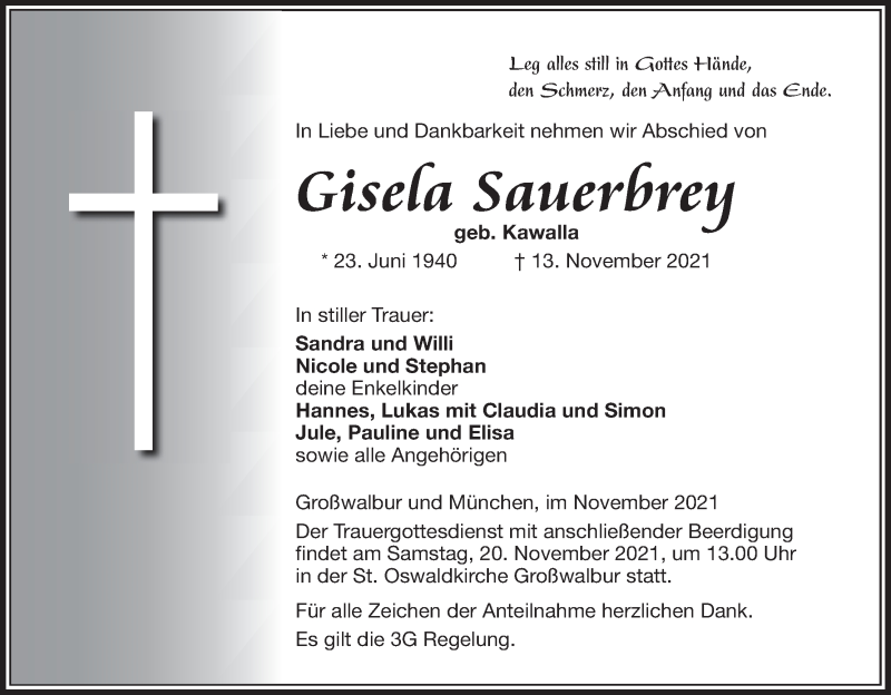  Traueranzeige für Gisela Sauerbrey vom 17.11.2021 aus MGO