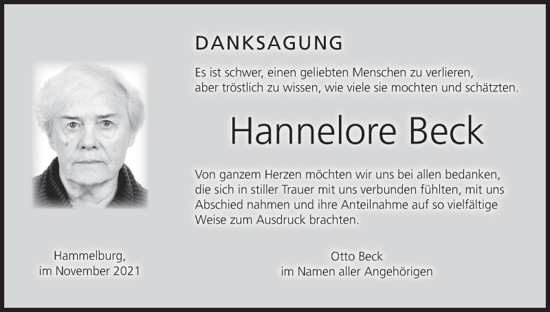  Traueranzeige für Hannelore Beck vom 13.11.2021 aus MGO
