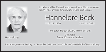 Anzeige von Hannelore Beck von MGO