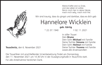 Anzeige von Hannelore Wicklein von MGO