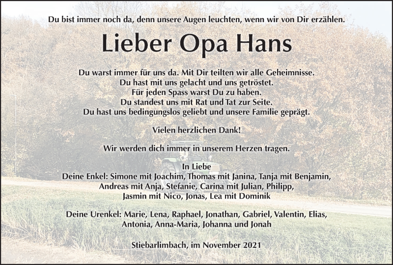  Traueranzeige für Hans  vom 13.11.2021 aus MGO