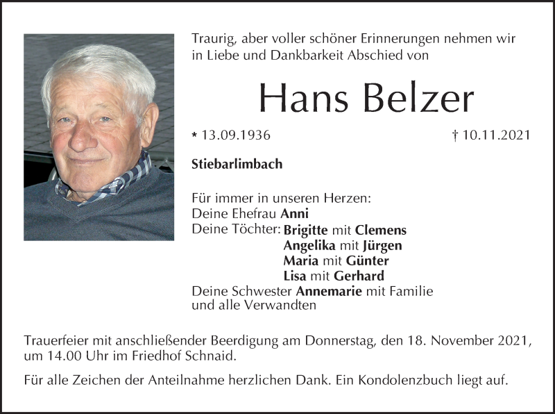  Traueranzeige für Hans Belzer vom 13.11.2021 aus MGO