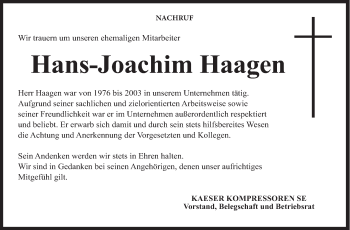 Anzeige von Hans-Joachim Haagen von MGO