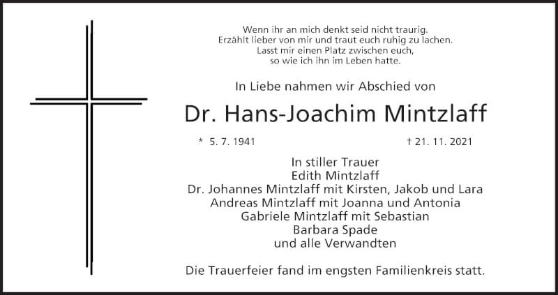  Traueranzeige für Hans-Joachim Mintzlaff vom 27.11.2021 aus MGO