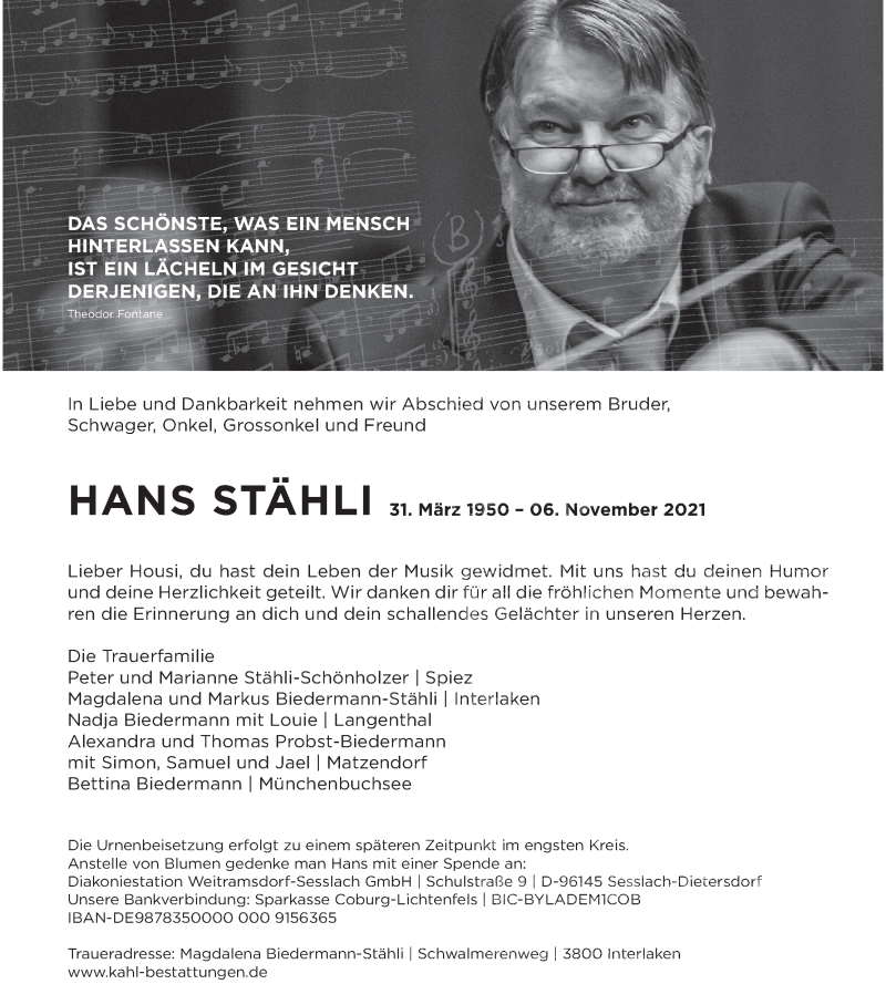  Traueranzeige für Hans Stähli vom 10.11.2021 aus MGO