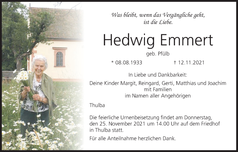  Traueranzeige für Hedwig Emmert vom 20.11.2021 aus MGO