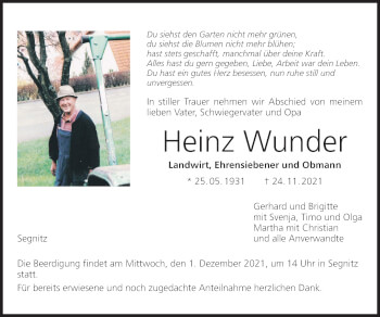 Anzeige von Heinz Wunder von MGO