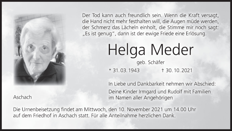  Traueranzeige für Helga Meder vom 06.11.2021 aus MGO