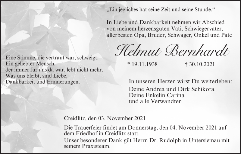  Traueranzeige für Helmut Bernhardt vom 03.11.2021 aus MGO
