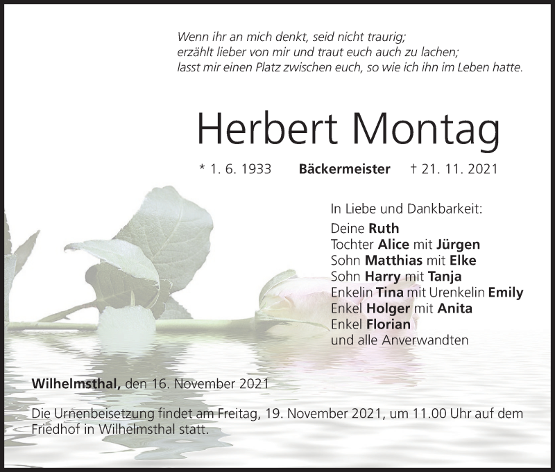  Traueranzeige für Herbert Montag vom 16.11.2021 aus MGO