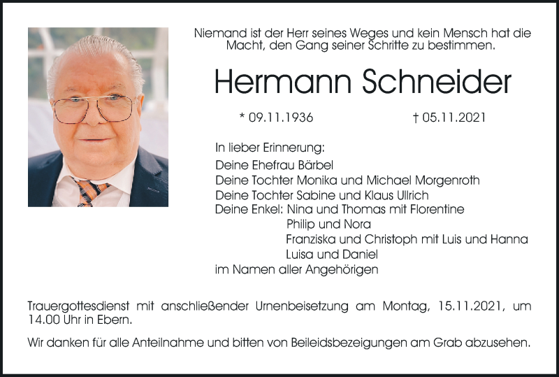  Traueranzeige für Hermann Schneider vom 11.11.2021 aus MGO