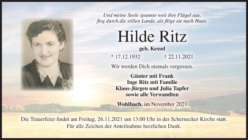  Traueranzeige für Hilde Ritz vom 25.11.2021 aus MGO