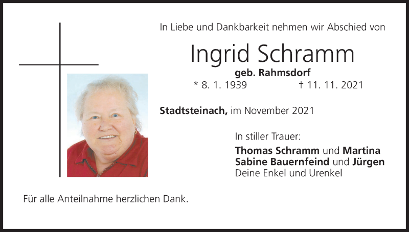  Traueranzeige für Ingrid Schramm vom 16.11.2021 aus MGO