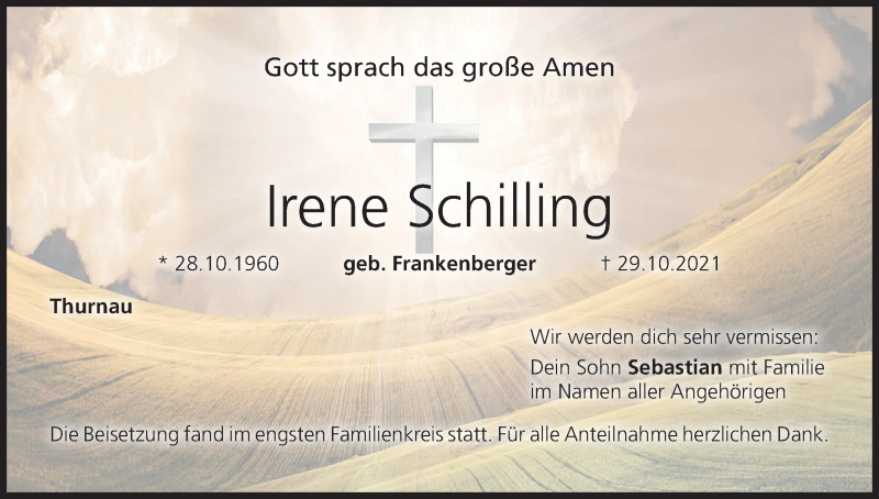  Traueranzeige für Irene Schilling vom 20.11.2021 aus MGO