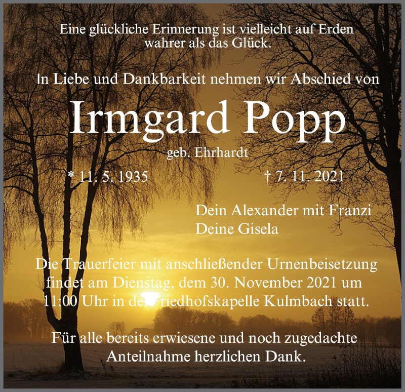  Traueranzeige für Irmgard Po vom 27.11.2021 aus MGO