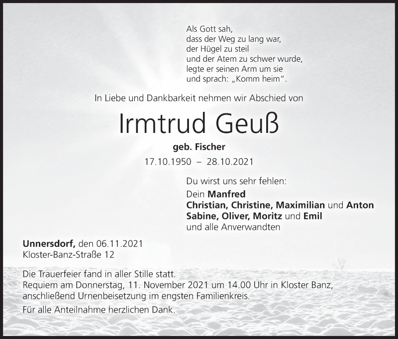  Traueranzeige für Irmtrud Geuß vom 06.11.2021 aus MGO