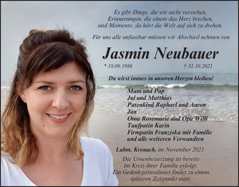  Traueranzeige für Jasmin Neubauer vom 20.11.2021 aus MGO