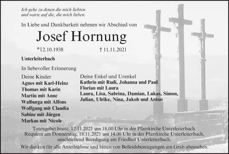 Traueranzeige für Josef Hornung vom 17.11.2021 aus MGO