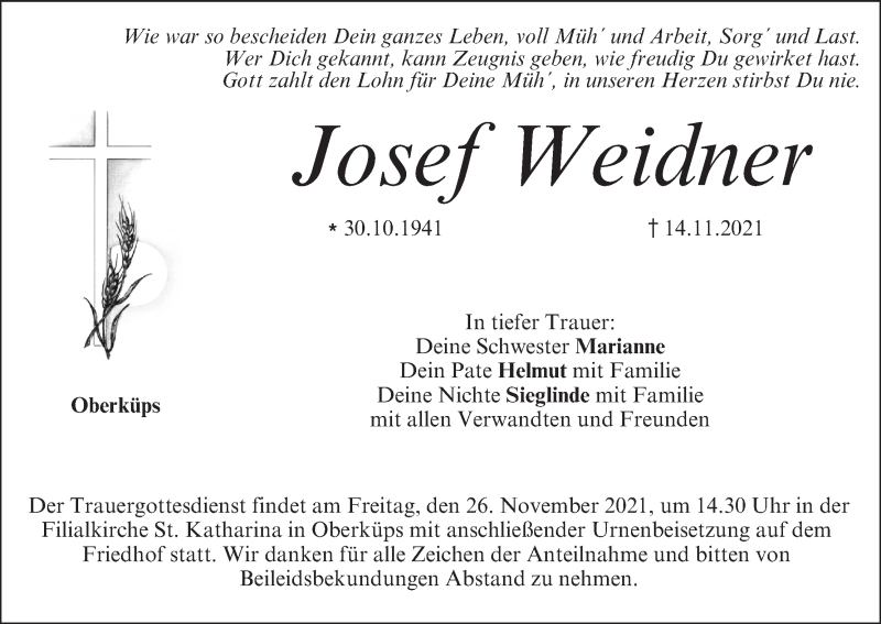 Traueranzeige für Josef Weidner vom 24.11.2021 aus MGO
