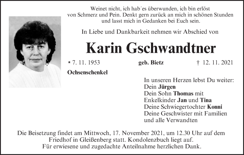  Traueranzeige für Karin Gschwandtner vom 16.11.2021 aus MGO