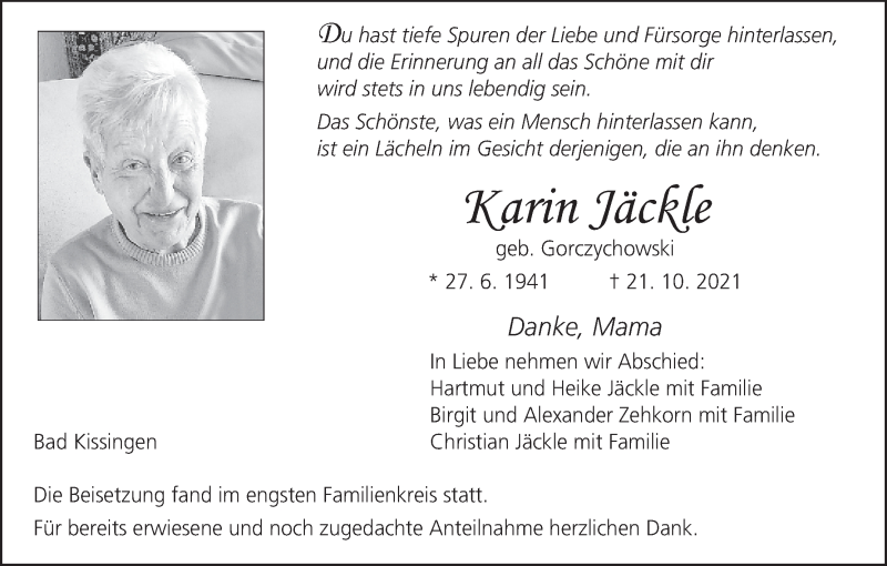  Traueranzeige für Karin Jäckle vom 13.11.2021 aus MGO