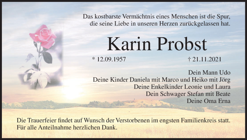  Traueranzeige für Karin Probst vom 26.11.2021 aus MGO