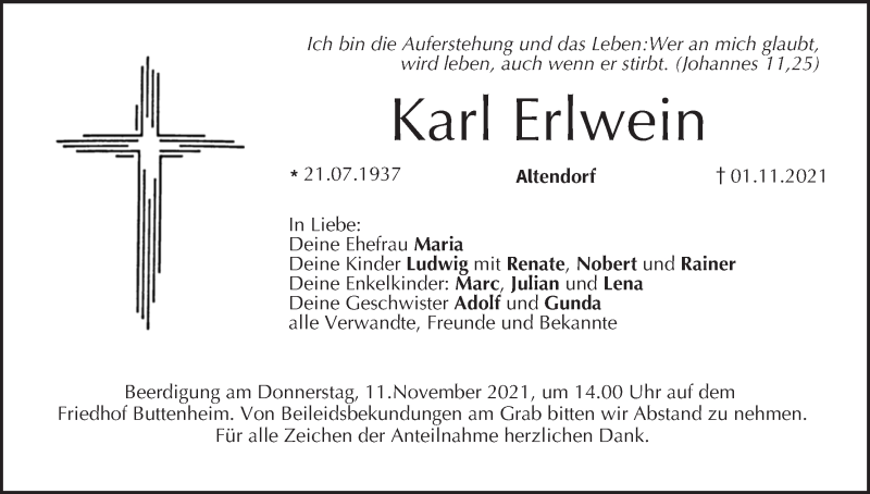  Traueranzeige für Karl Erlwein vom 06.11.2021 aus MGO