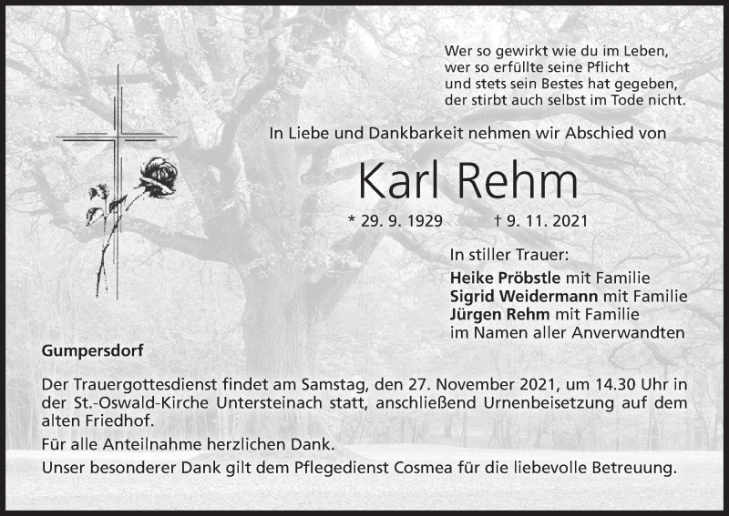  Traueranzeige für Karl Rehm vom 24.11.2021 aus MGO