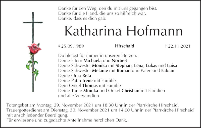  Traueranzeige für Katharina Hofmann vom 27.11.2021 aus MGO