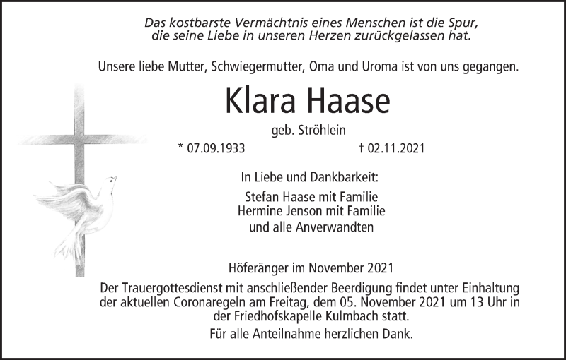  Traueranzeige für Klara Haase vom 04.11.2021 aus MGO