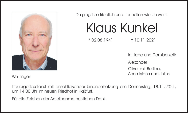  Traueranzeige für Klaus Kunkel vom 13.11.2021 aus MGO