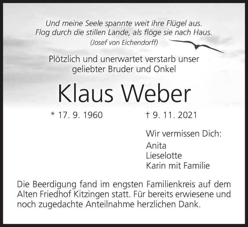 Traueranzeige für Klaus Weber vom 20.11.2021 aus MGO