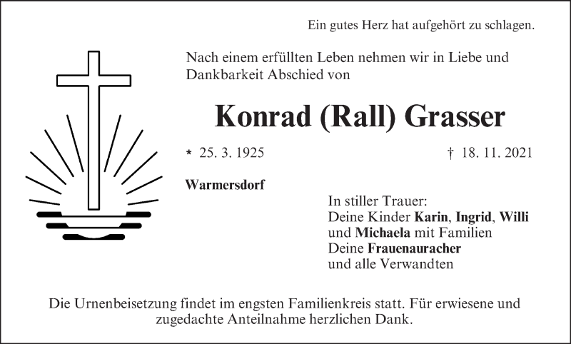  Traueranzeige für Konrad Grasser vom 20.11.2021 aus MGO
