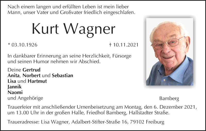 Traueranzeige für Kurt Wagner vom 20.11.2021 aus MGO