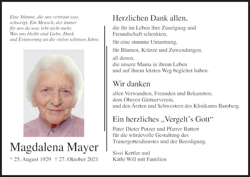  Traueranzeige für Magdalena Mayer vom 27.11.2021 aus MGO