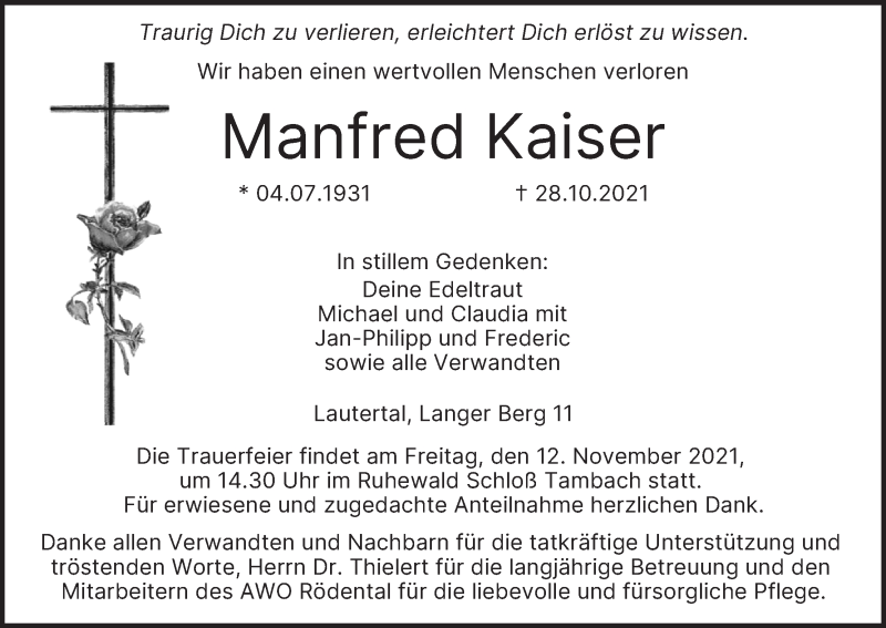  Traueranzeige für Manfred Kaiser vom 06.11.2021 aus MGO
