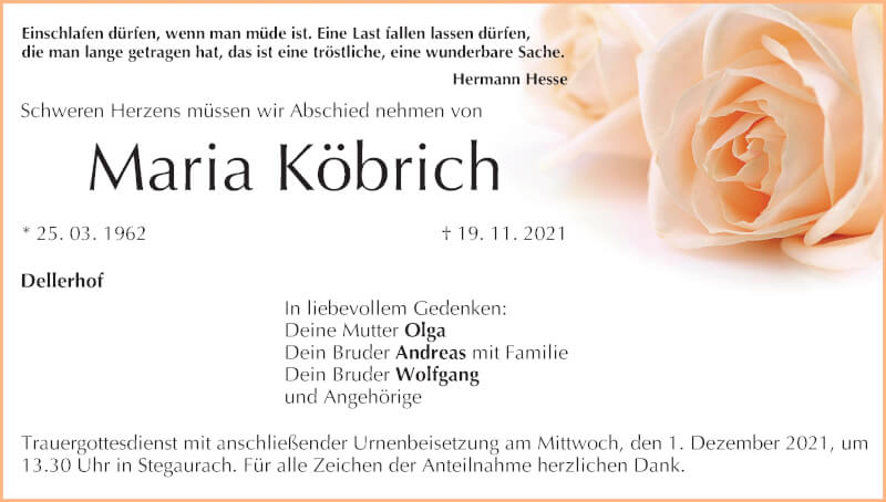 Traueranzeige für Maria Köbrich vom 27.11.2021 aus MGO