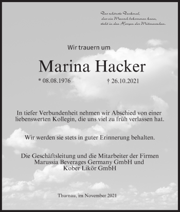 Anzeige von Marina Hacker von MGO