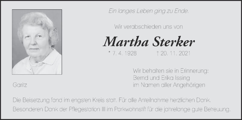  Traueranzeige für Martha Sterker vom 27.11.2021 aus MGO