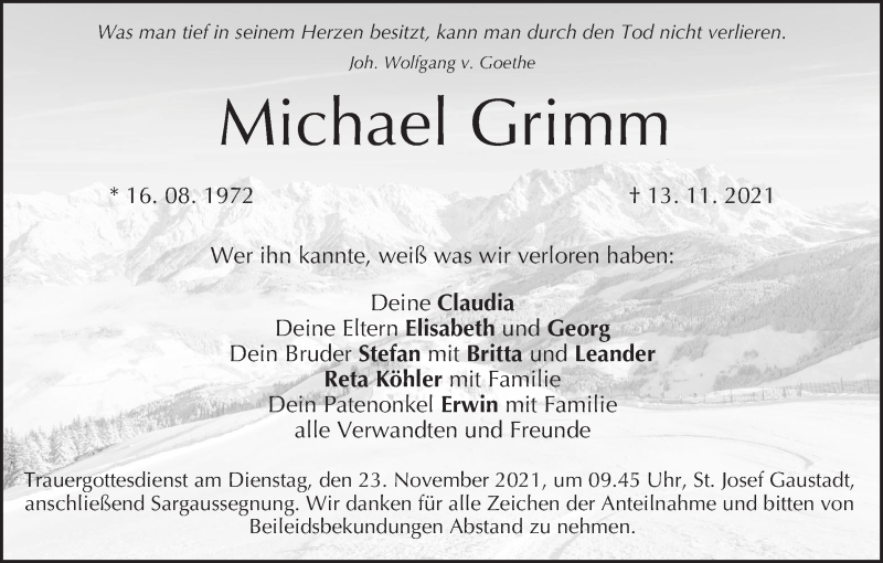  Traueranzeige für Michael Grimm vom 19.11.2021 aus MGO