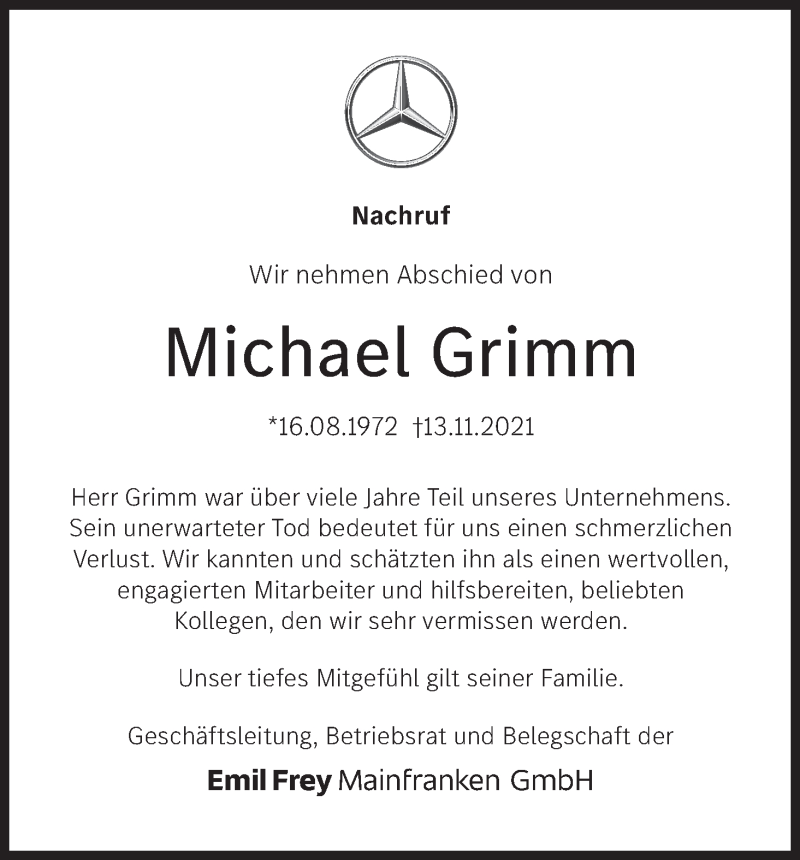  Traueranzeige für Michael Grimm vom 20.11.2021 aus MGO